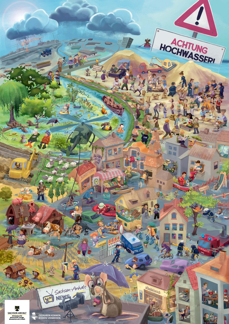 Das Thema Hochwasser mit seinen verschiedenen Facetten wird in Form eines Wimmelbildes für Kinder dargestellt. Zu sehen ist ein gezeichnetes Bild mit vielen verschiedenen Szenen und 120 Figuren in unterschiedlichen Hochwasser-Situationen. Es zeigt eine bunte Fülle von Einzelheiten und gleichzeitig ablaufenden Geschehnissen. Dargestellt sind fünf Hauptschauplätze innerhalb derer verschiedene Aspekte wie Ursachen, mögliche Schutzmaßnahmen und Gefahren, Verhaltensregeln und der erforderliche Zusammenhalt der vielen verschiedenen Helfer veranschaulicht werden.